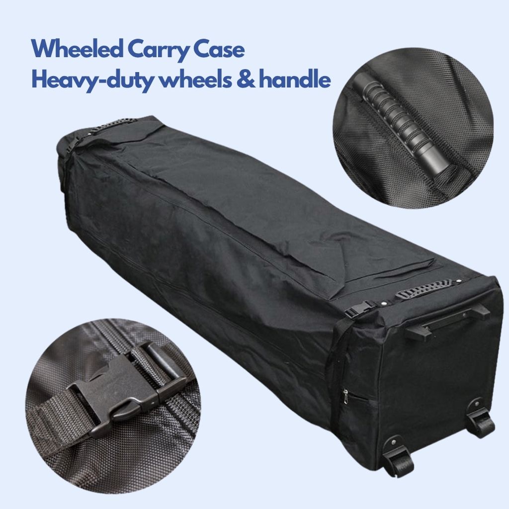 Heavy-duty wheeled carry case for a folded marquee frame and canopy, with carry handles and buckle straps