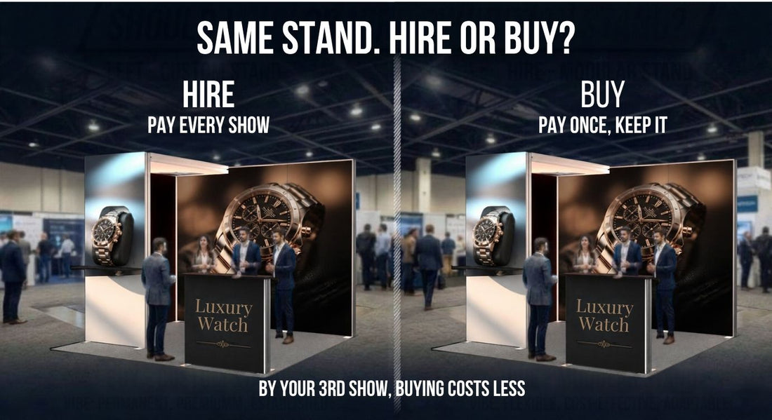 The same 3x3 backlit exhibition stand shown twice, comparing the cost of hiring vs buying