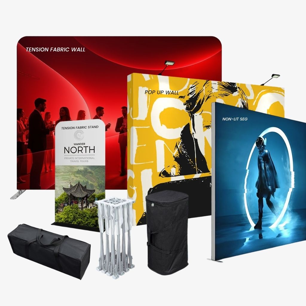 Portable media walls: tension fabric media wall, tension fabric display stand, pop up media wall with LED spotlights, and non-lit SEG media wall.