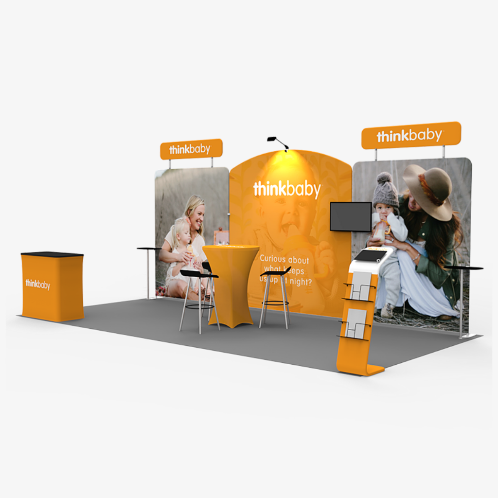 6m x 3m fabric exhibition booth with twin headers, display counter and mounted screen