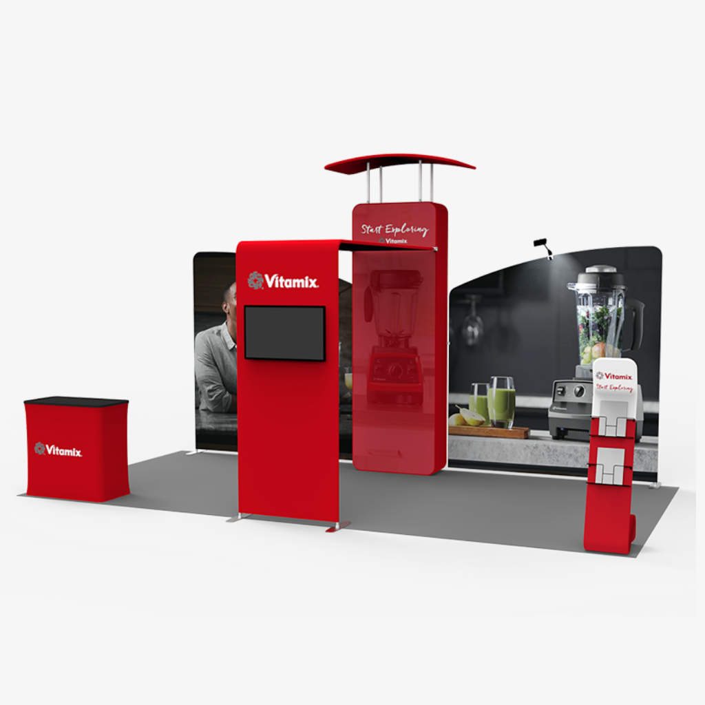 Inclined straight backdrop exhibition stand with 3D wall pillar and arch in a trade show booth
