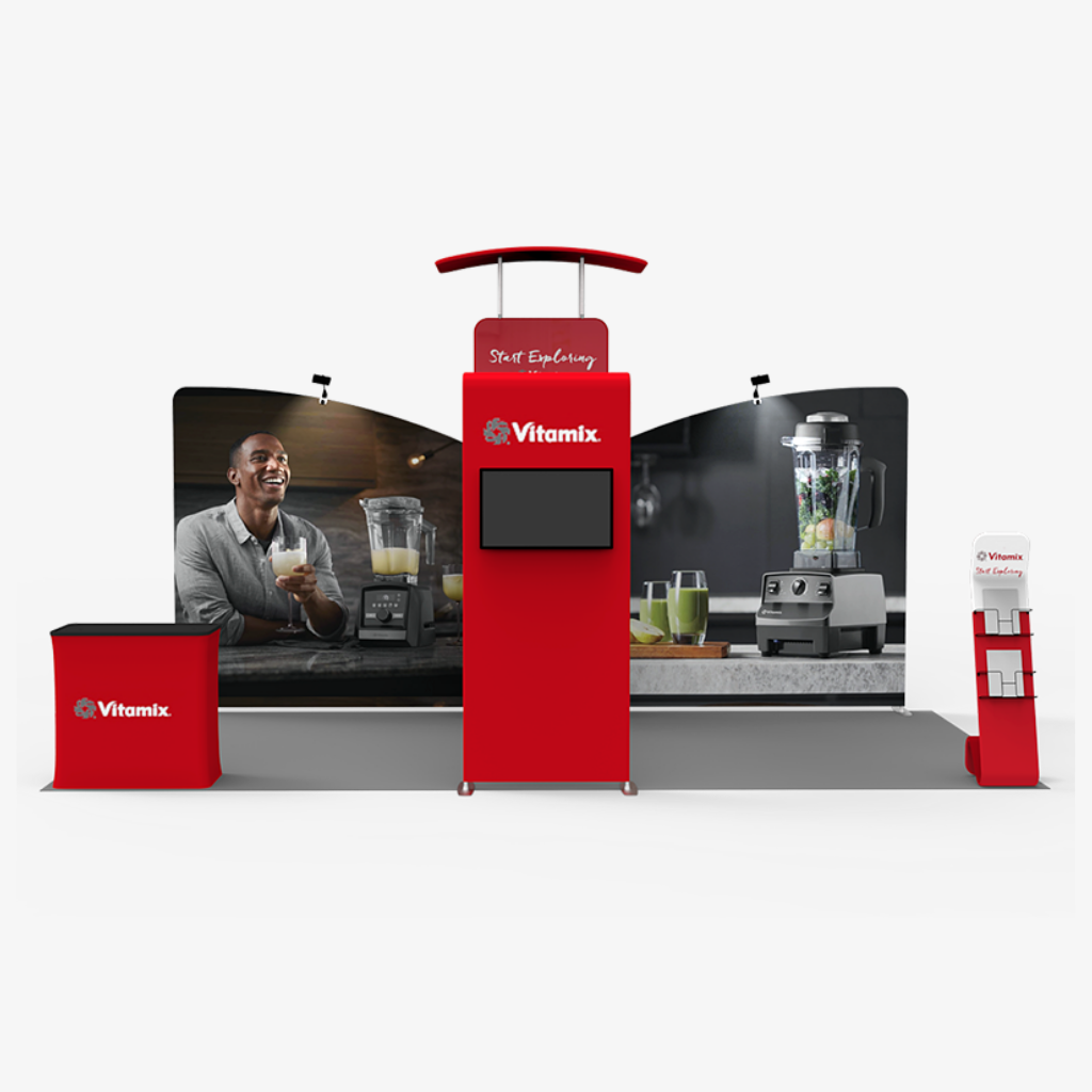 6x3 Zenith exhibition stand - 6m inclined straight backdrop with 3D wall pillars and arch