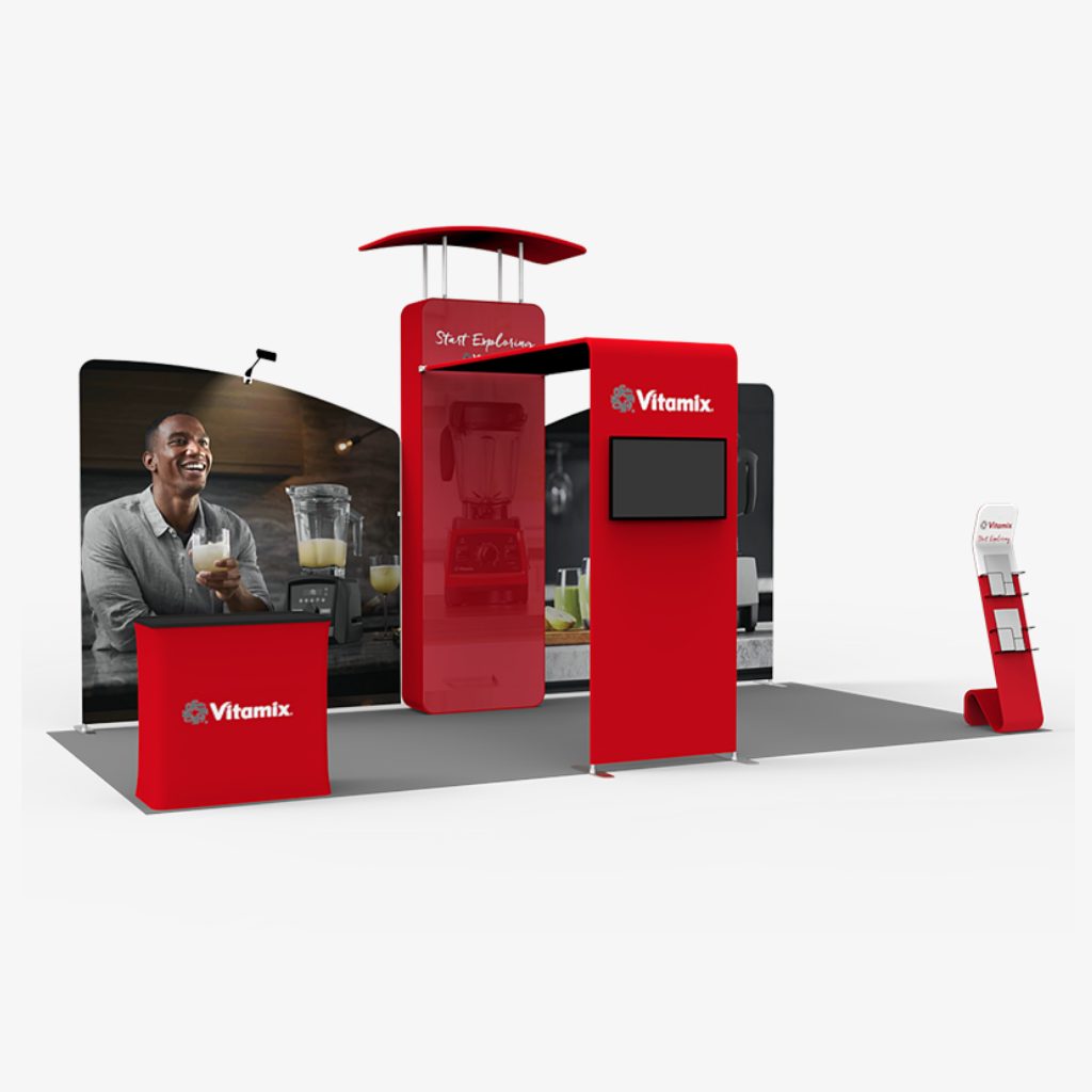 6m x 3m inclined fabric exhibition wall with counter and mounted screen