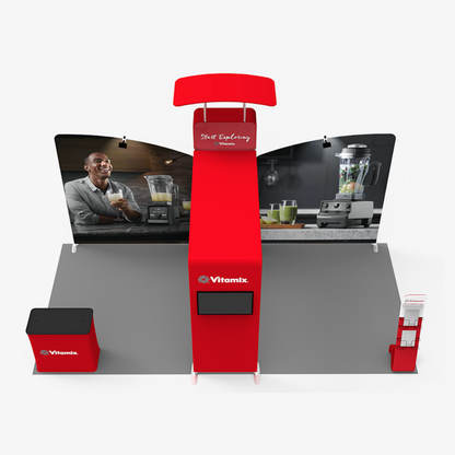 Fabric tube exhibition stand with sloped top wall panels and arch detail