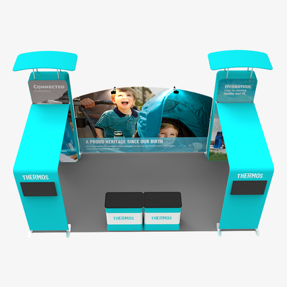 6m x 3m exhibition stand with arched side returns, twin counters and two mounted screens