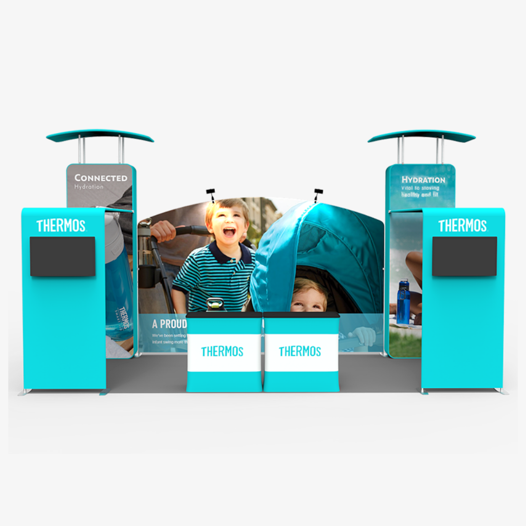 6x3 Regent exhibition stand - two 3m branded pillars with headers flanking a 4m centre wall