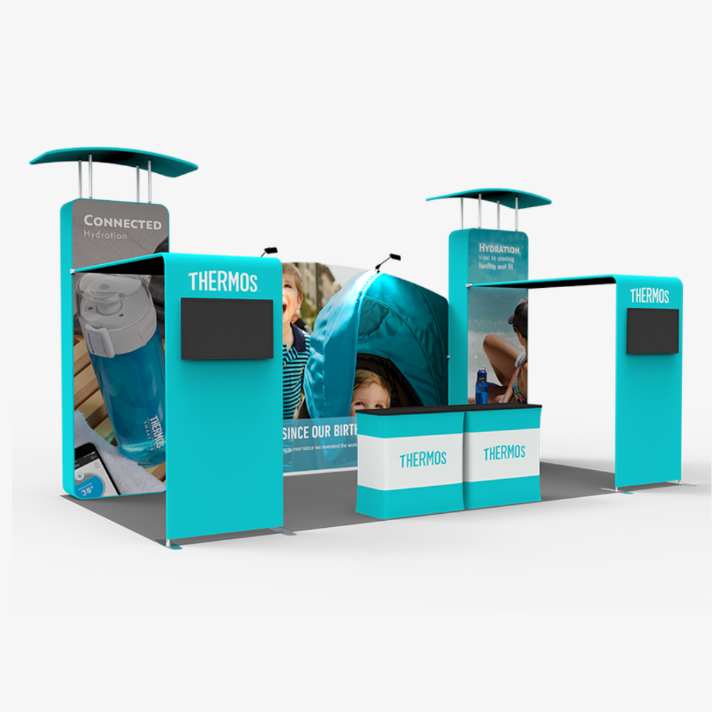 Fabric tube exhibition stand with 3D wall pillars and arch returns in a trade show booth