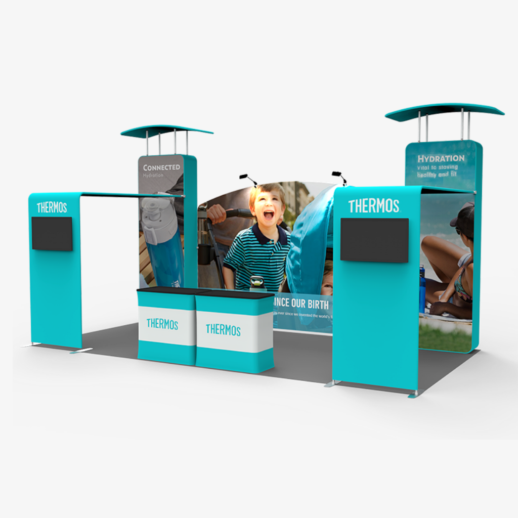 Twin pillar fabric exhibition stand with printed header panels above each pillar