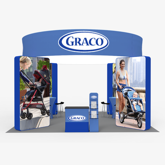 6x6 Halo island exhibition stand - 5.5m printed circular banner carried on four 3m pillars