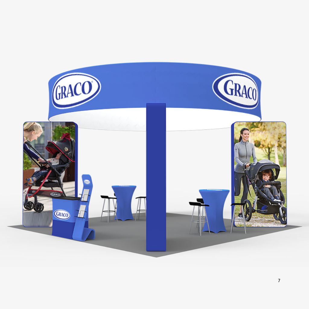 Circular overhead banner exhibition booth open on all four sides with two counters