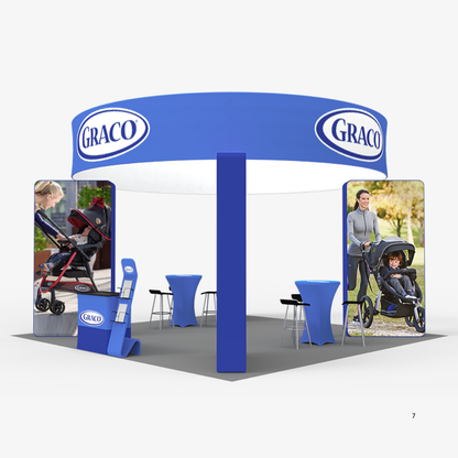 Circular overhead banner exhibition booth open on all four sides with two counters