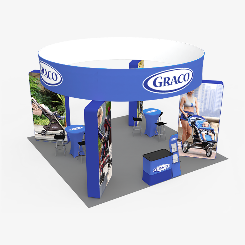 6m x 6m island stand with 360 degree printed ring above the crowd