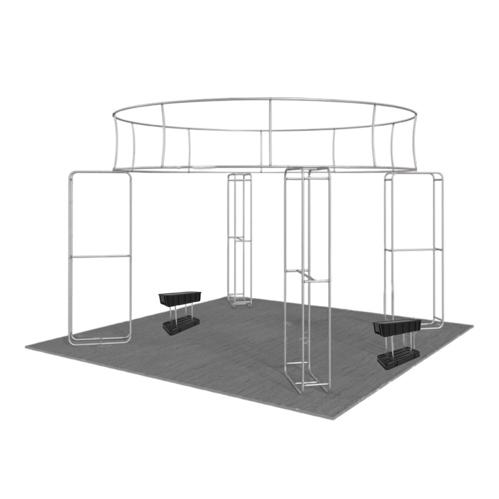 Open island exhibition display with circular banner, counters and brochure stand
