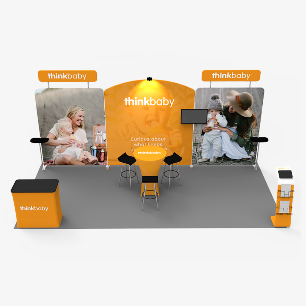 Twin header fabric tube exhibition stand with shelf stands and spotlights