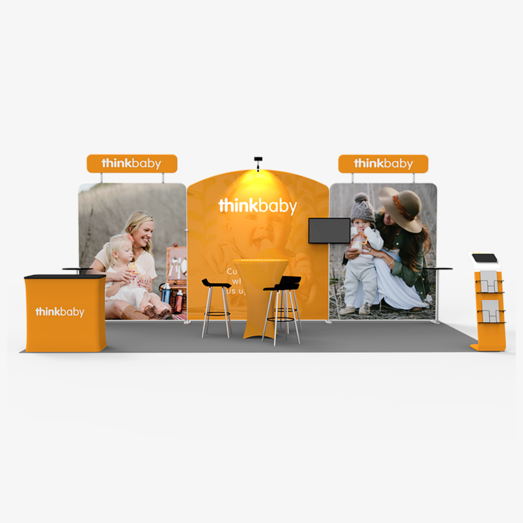 6x3 Marquee exhibition stand - sloped centre wall with two printed header signs above