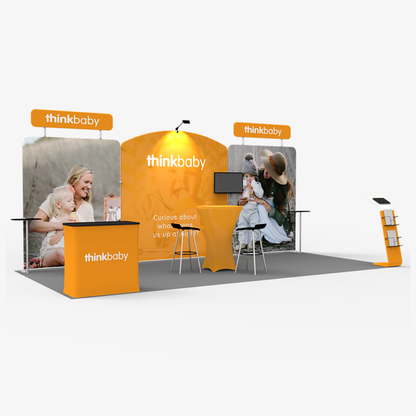 Inclined centre wall exhibition display with straight side panels and header signage