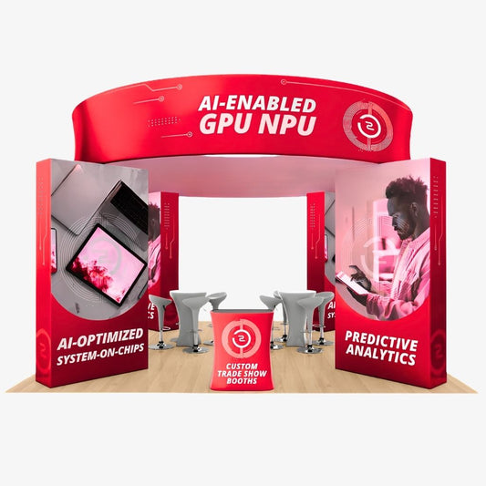 Exhibition stand with four printed corner towers, a curved overhead header ring and a printed counter, set up with bar tables and stools