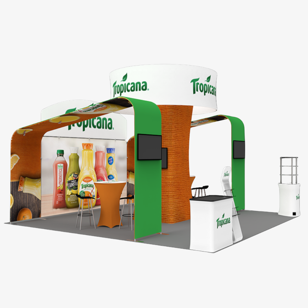 6m x 6m modular booth with column tower, arch screen stands and two counters
