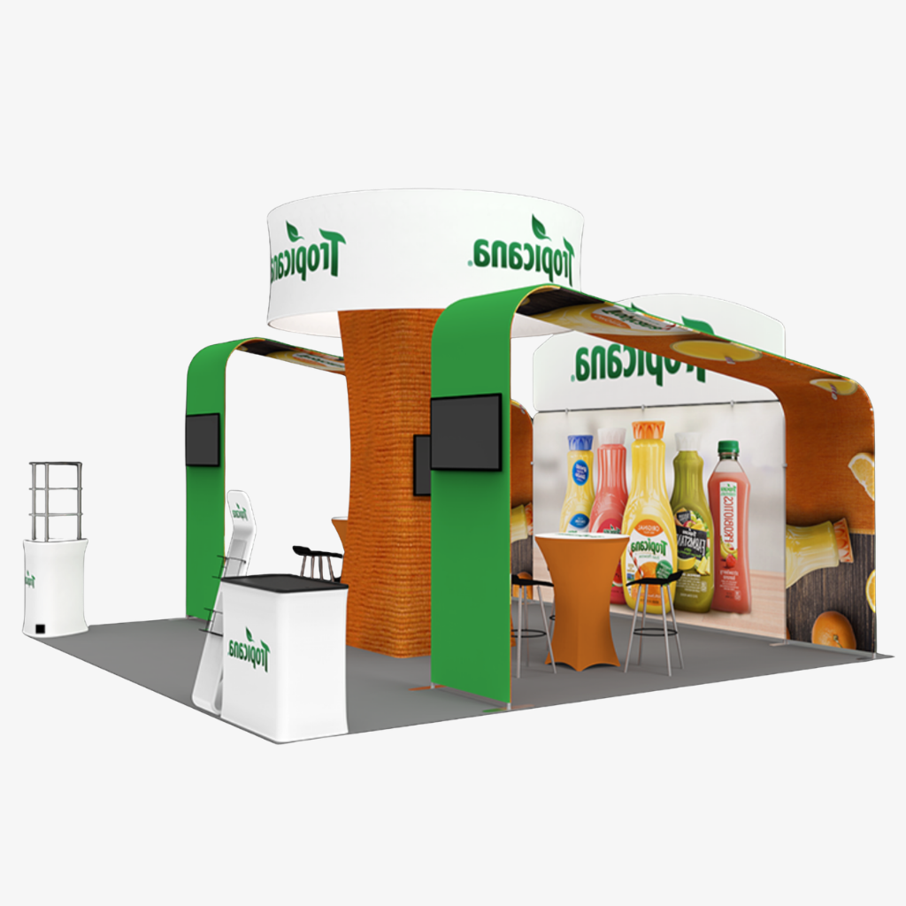 Freestanding fabric column tower with circle, no ceiling rigging required
