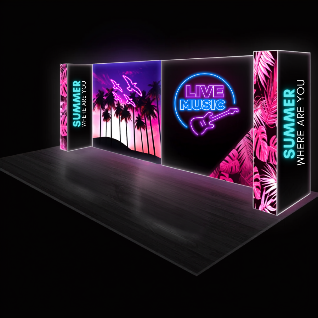 6x3 U-shape SEG backlit pop up stand, lit wing walls at each end of the back wall