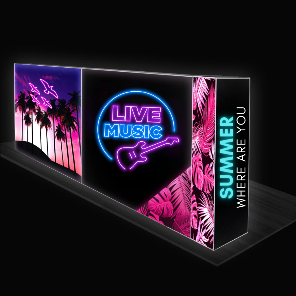 6x3 U-shape SEG backlit pop up stand, alternative view of the lit walls