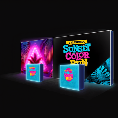 6x3 straight SEG backlit pop up exhibition stand with 6m lit back wall and two lit counters