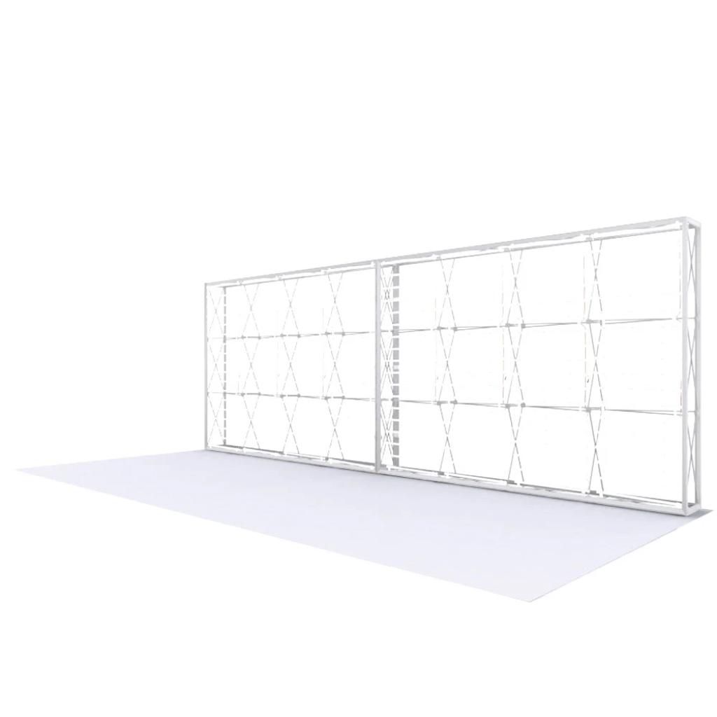 Two joined 3m aluminium pop up frames forming the 6m straight backlit wall