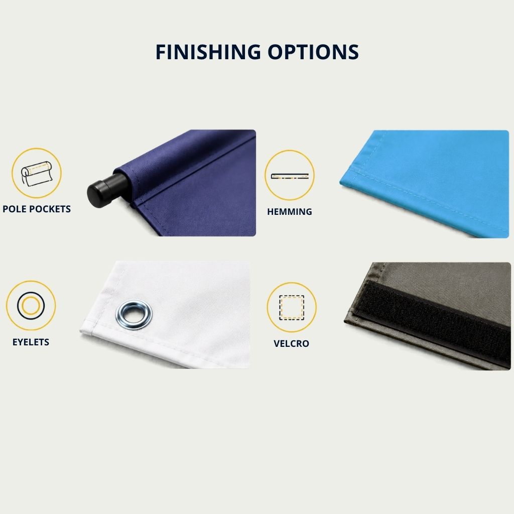 Fabric banner finishing options: pole pockets, hemmed edges, eyelets and velcro