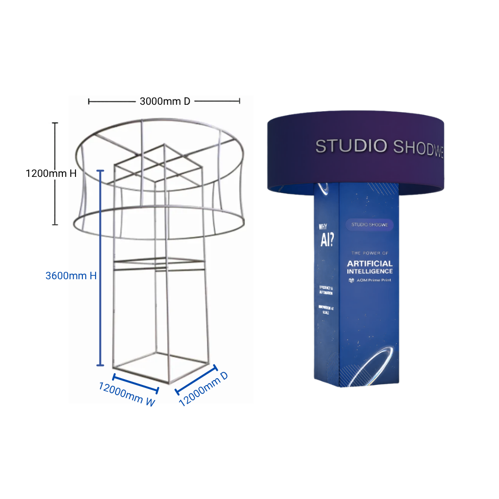 Fabric tower column stand with circle - 3.6m high tower and 3m diameter printed ring