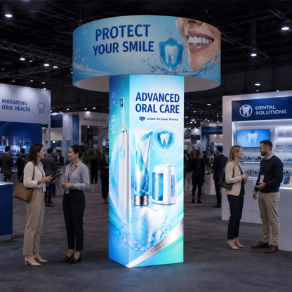 Backlit fabric tower column stand with circle, LED-lit 3.6m column