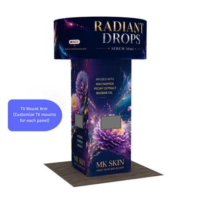 Fabric tower column stand with circle fitted with TV mounts on two panels