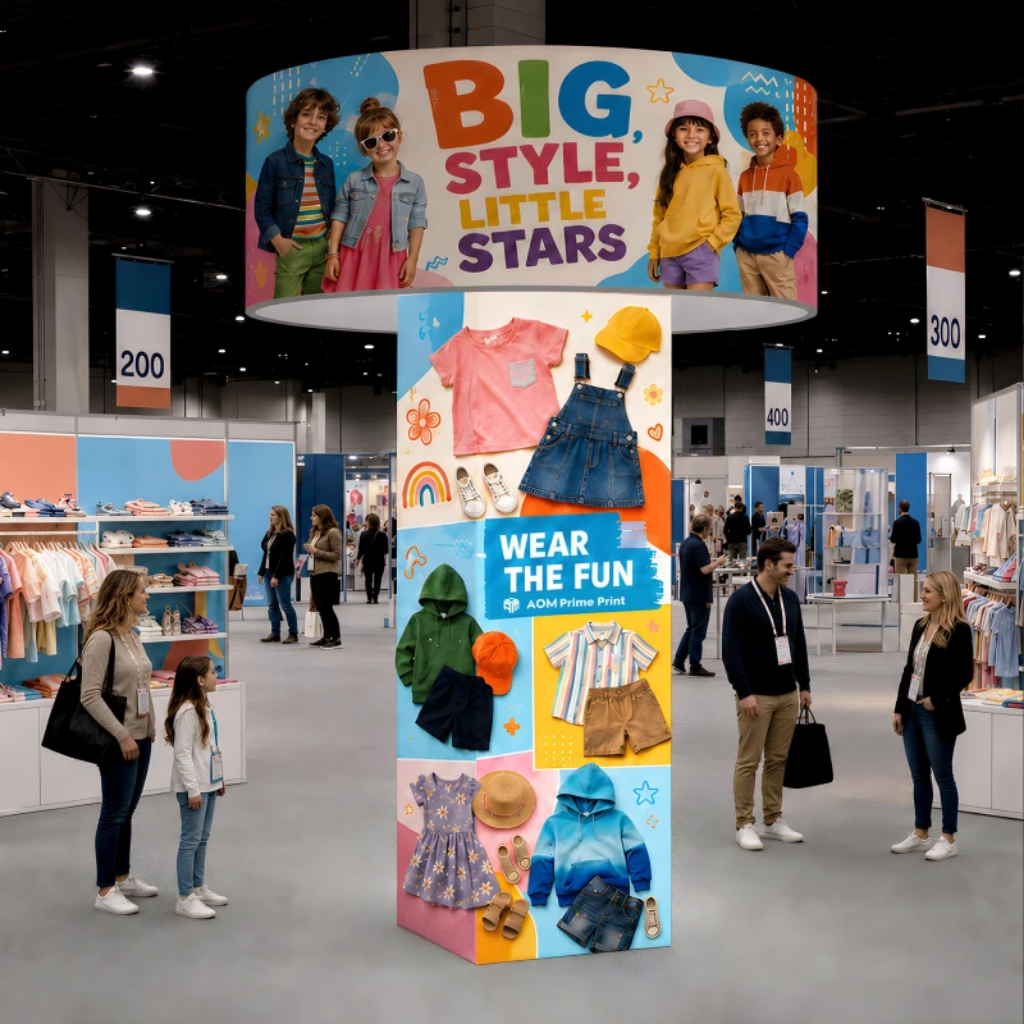 Non-backlit fabric tower column stand with circle, 3.6m tower with 3m printed ring