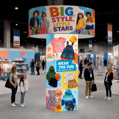 Non-backlit fabric tower column stand with circle, 3.6m tower with 3m printed ring