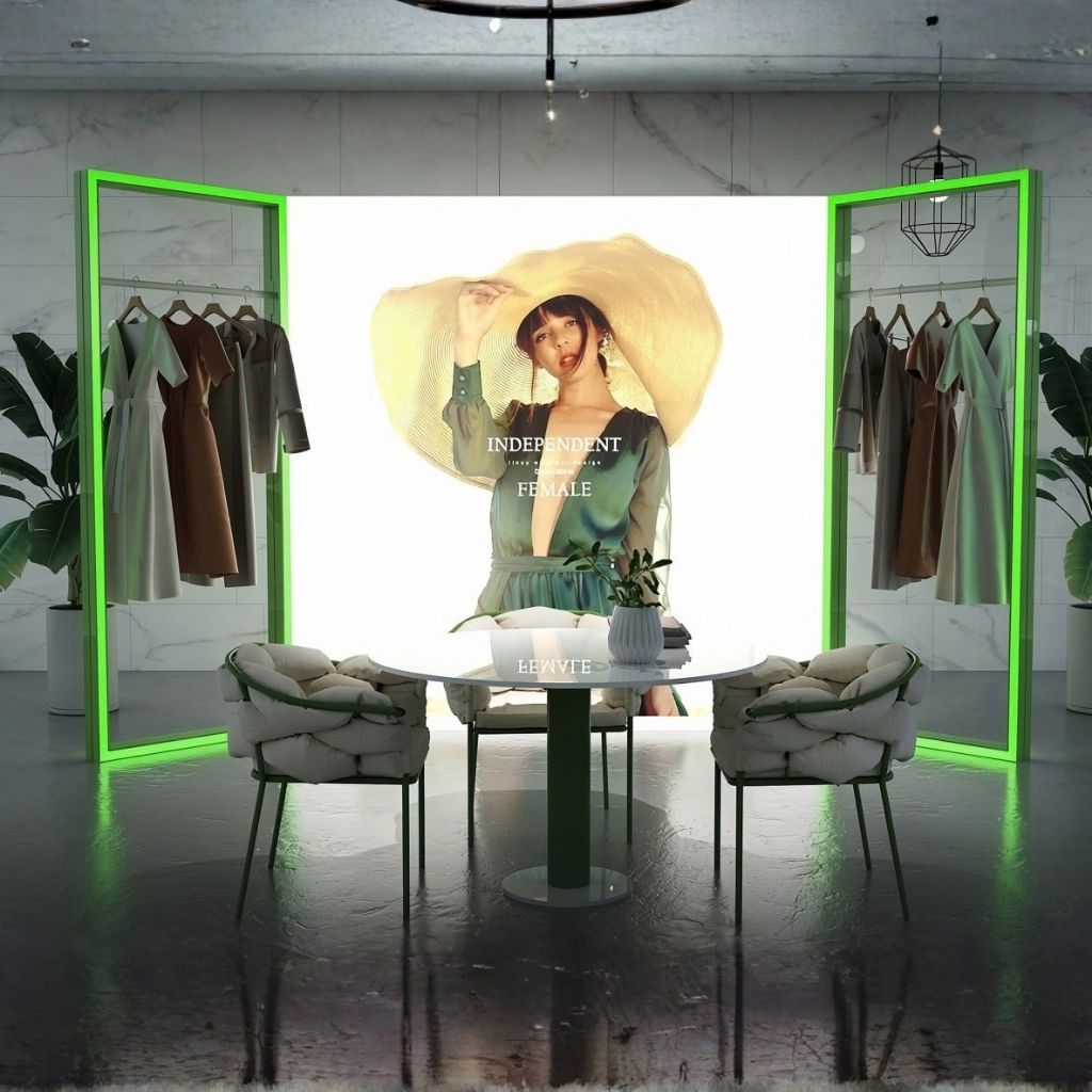 Open RGB LED frames lit green, holding clothing rails either side of a backlit fabric wall in a fashion showroom