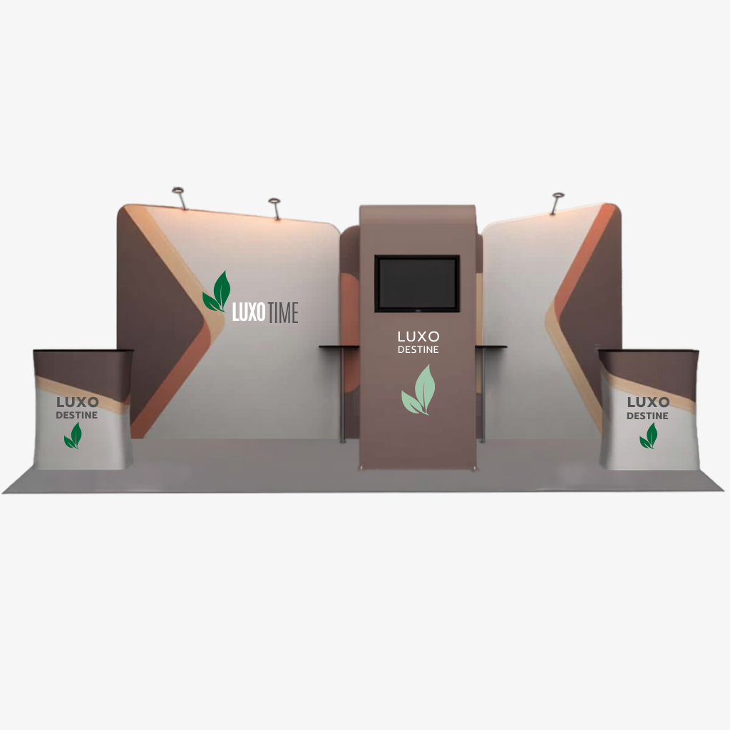 6x3 fabric exhibition stand with central media tower and 32 inch screen — Axis by Wild Cow Visual