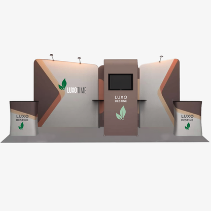 6x3 fabric exhibition stand with central media tower and 32 inch screen — Axis by Wild Cow Visual