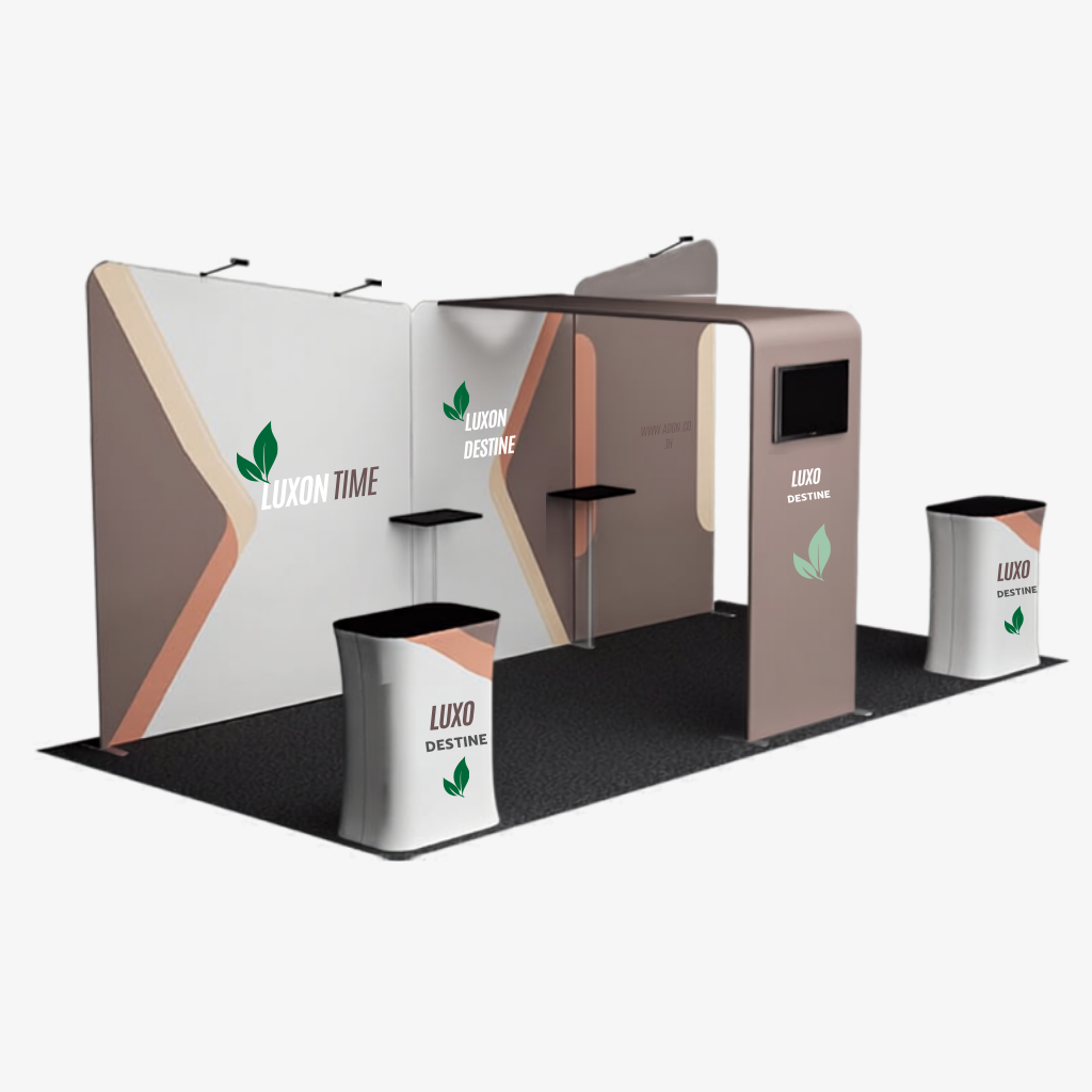 6m exhibition booth with screen tower flanked by curved fabric walls and two counters