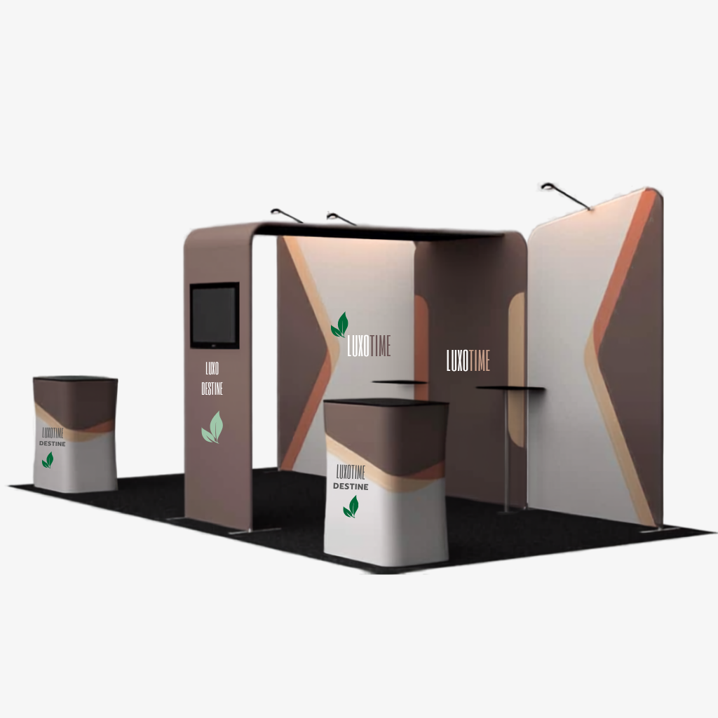 Central media tower with mounted television and shelf stands on a fabric exhibition stand