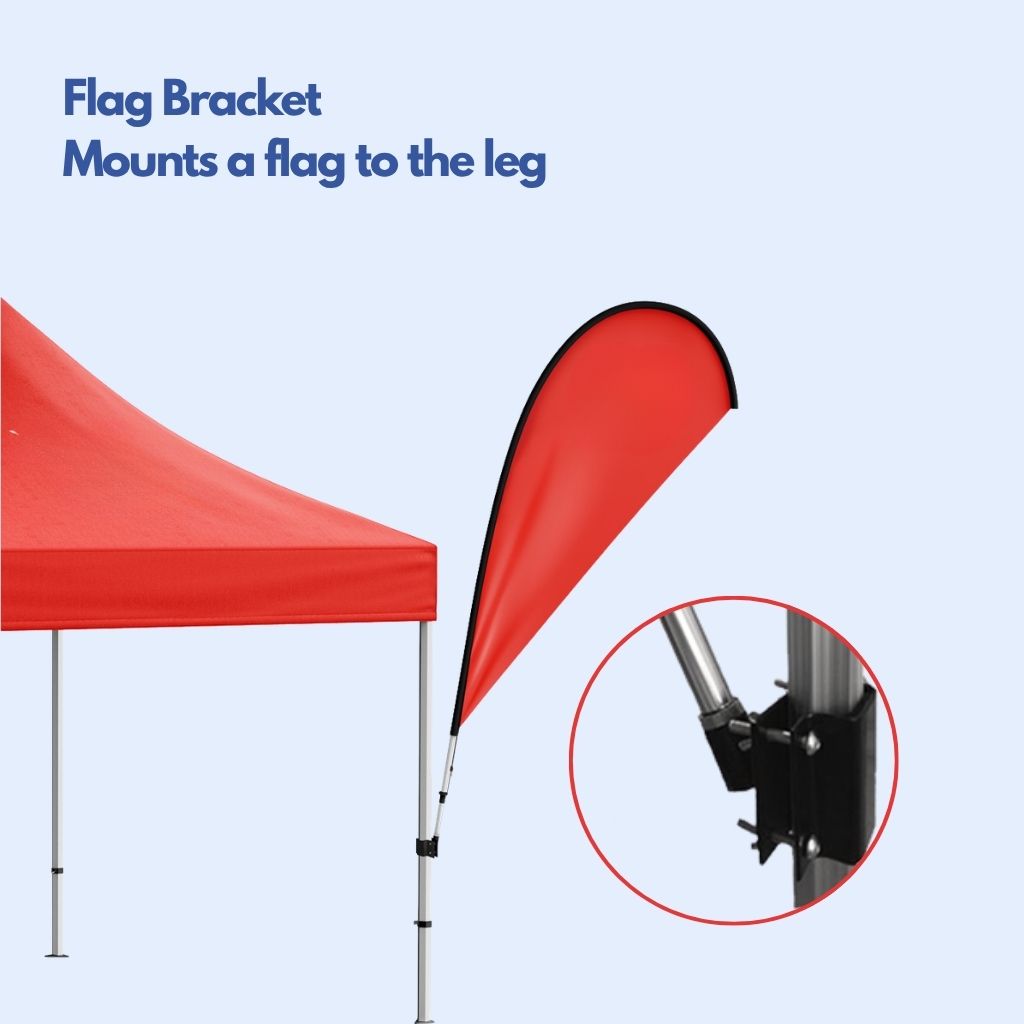 Marquee flag bracket clamped to a marquee leg holding a teardrop flag pole upright