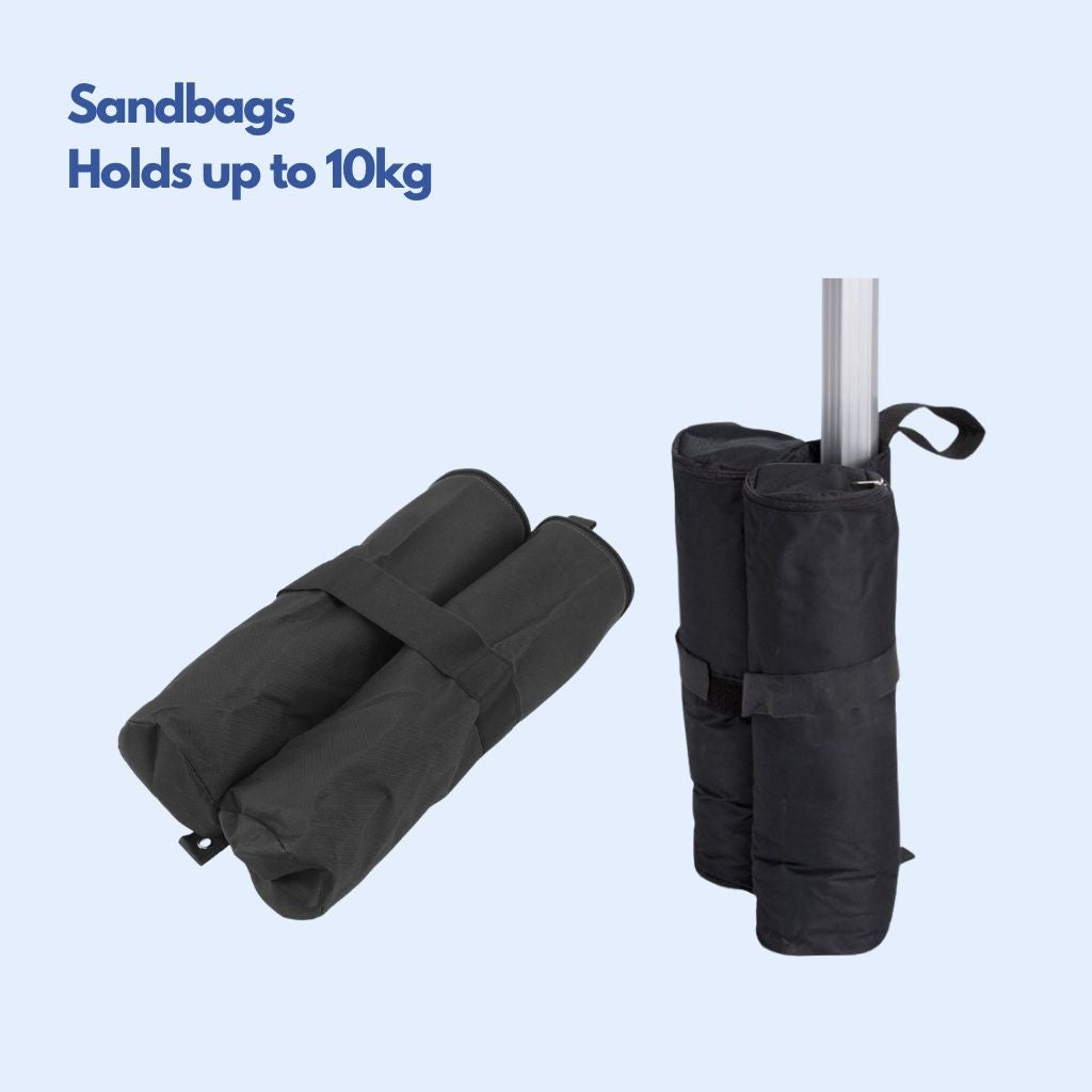 Twin-pocket marquee sandbag holding up to 10kg in total, shown flat and wrapped around a marquee leg