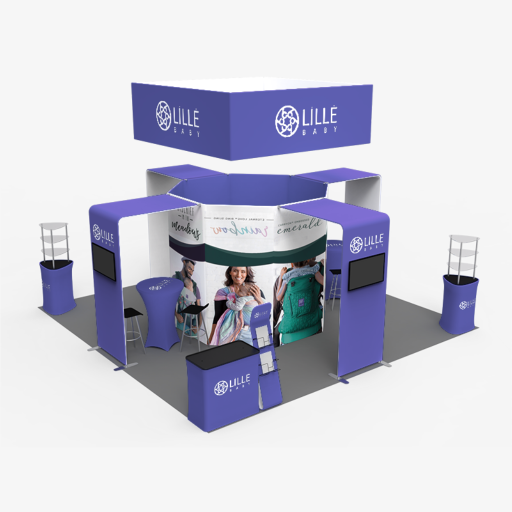6m x 6m modular booth with square hanging banner, four counters and four mounted screens