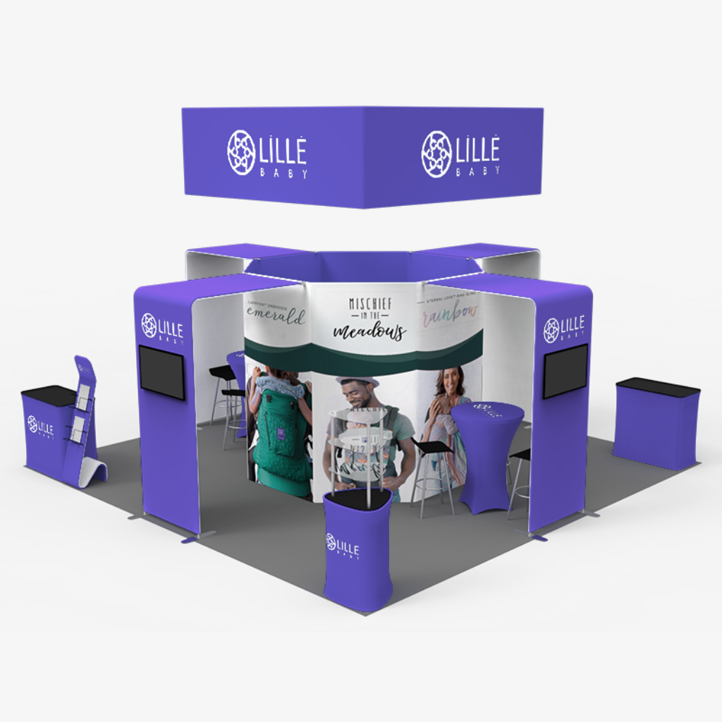 Four screen island exhibition stand with triangle counters and rack stands