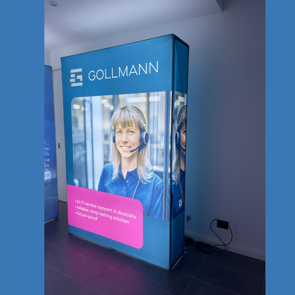 Freestanding 1.5m wide SEG backlit pop up media wall printed on the front and side