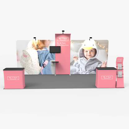 6x3 fabric exhibition stand with 2.9m curved tower and two counters — Crescent by Wild Cow Visual
