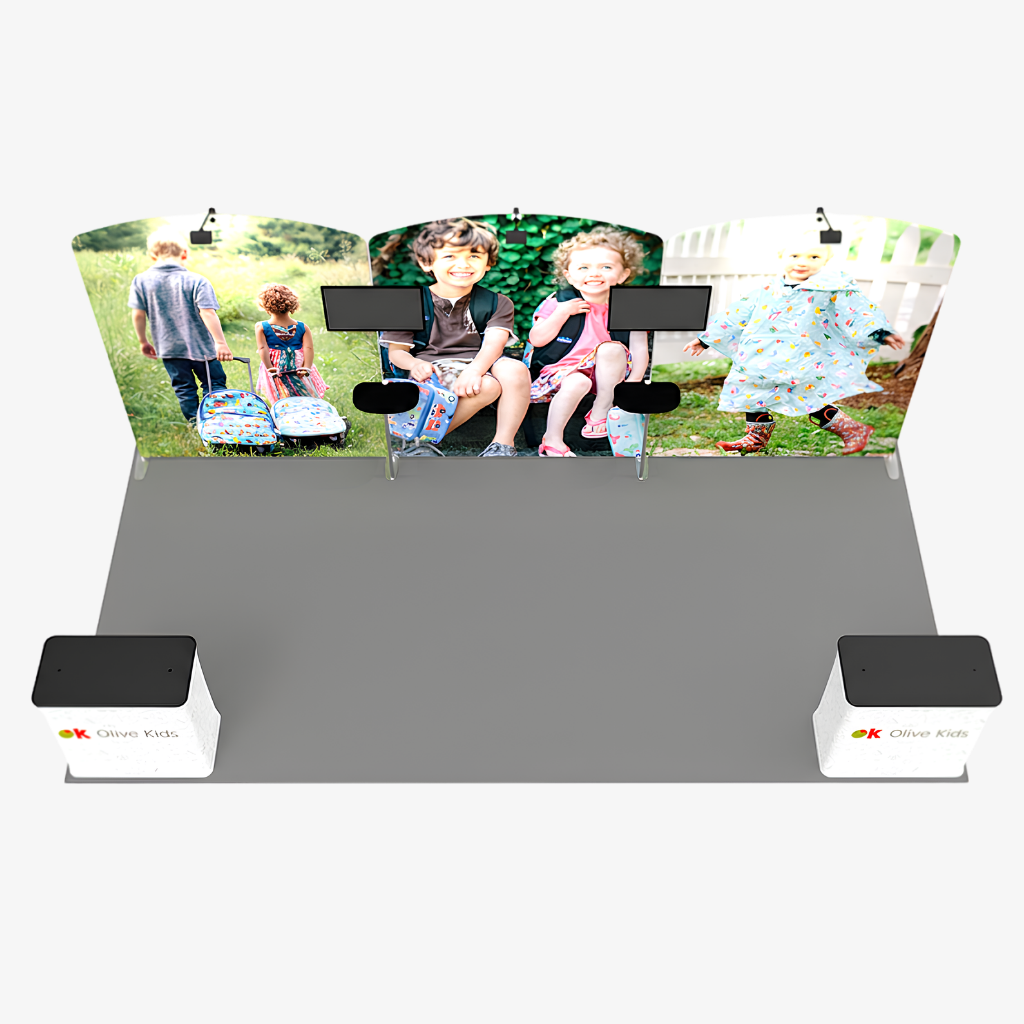 Freestanding fabric exhibition wall panels shown side by side in a 6m trade show booth