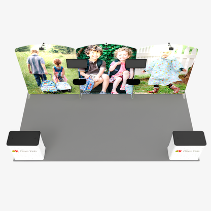 Freestanding fabric exhibition wall panels shown side by side in a 6m trade show booth