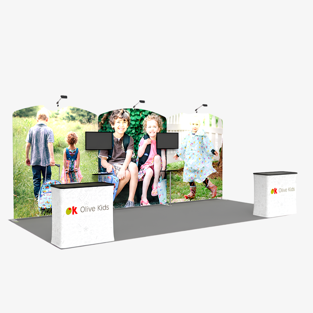 6m x 3m modular exhibition stand with two display counters and two mounted screens