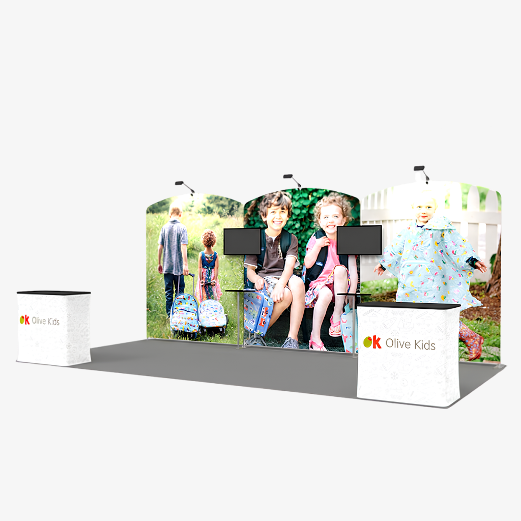 Three panel fabric tube exhibition wall at 2.5m high with shelf stands and spotlights