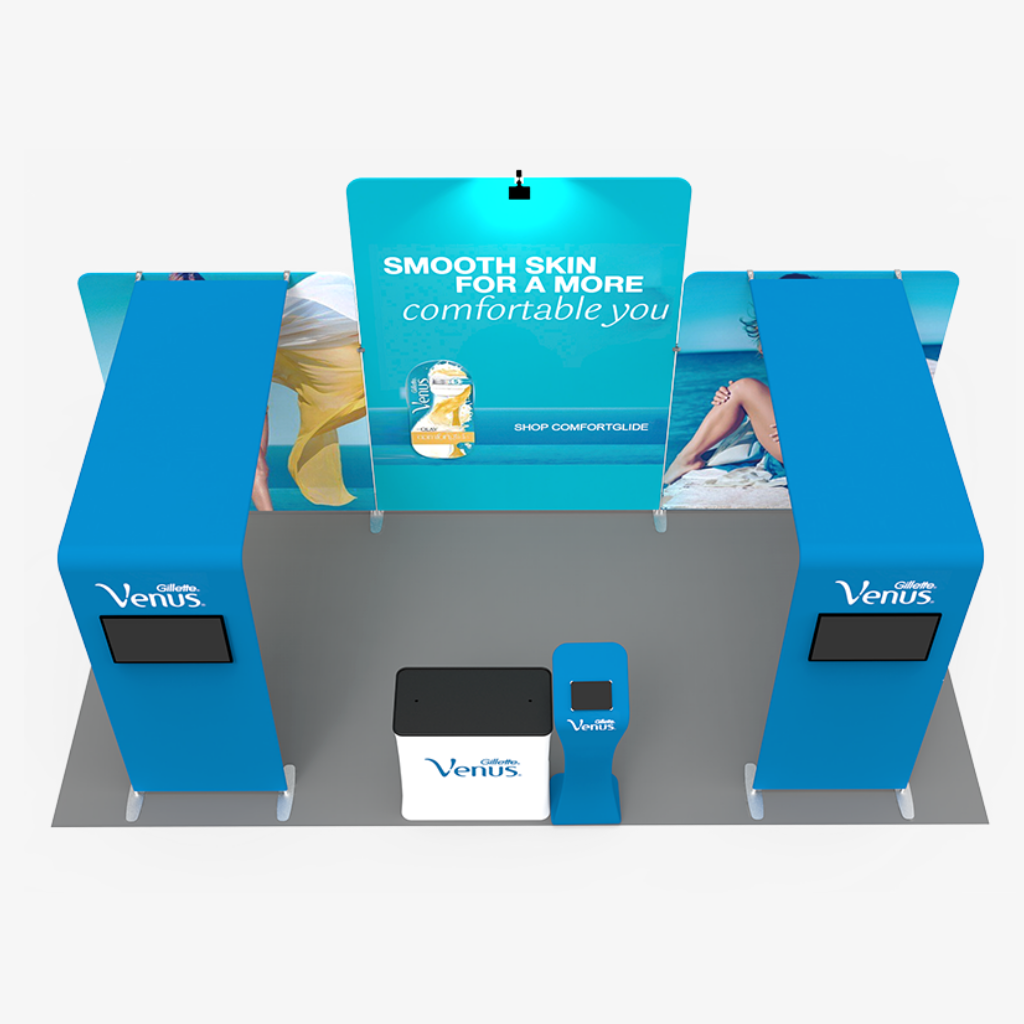 Portable 6x3 trade show stand with 3m tall centre panel and display counter