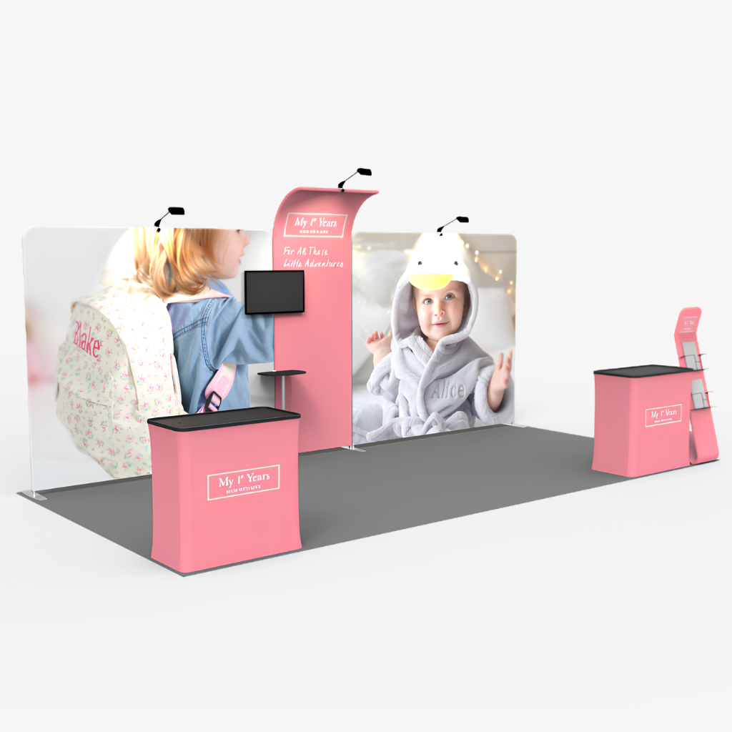 6m exhibition booth with curved brand tower beside a straight tension fabric wall